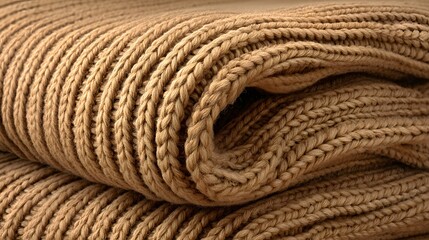 Closeup view of folded knitted fabric in a warm caramel color.