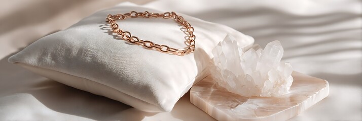 Rose gold chain on ivory velvet pillow with quartz tray aesthetic