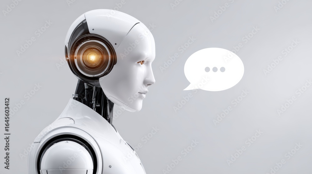 Poster a futuristic humanoid robot with a sleek design, featuring an illuminated ear and a speech bubble, c
