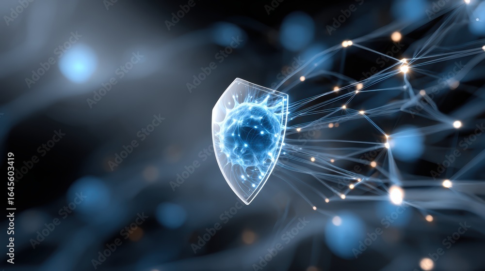 Poster a futuristic digital shield surrounded by glowing networks, symbolizing cybersecurity and protection