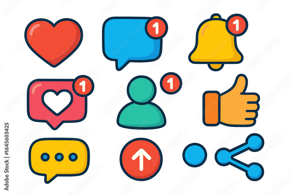 Poster social media icons set. vector collection of colorful notification symbols like heart, share, commen