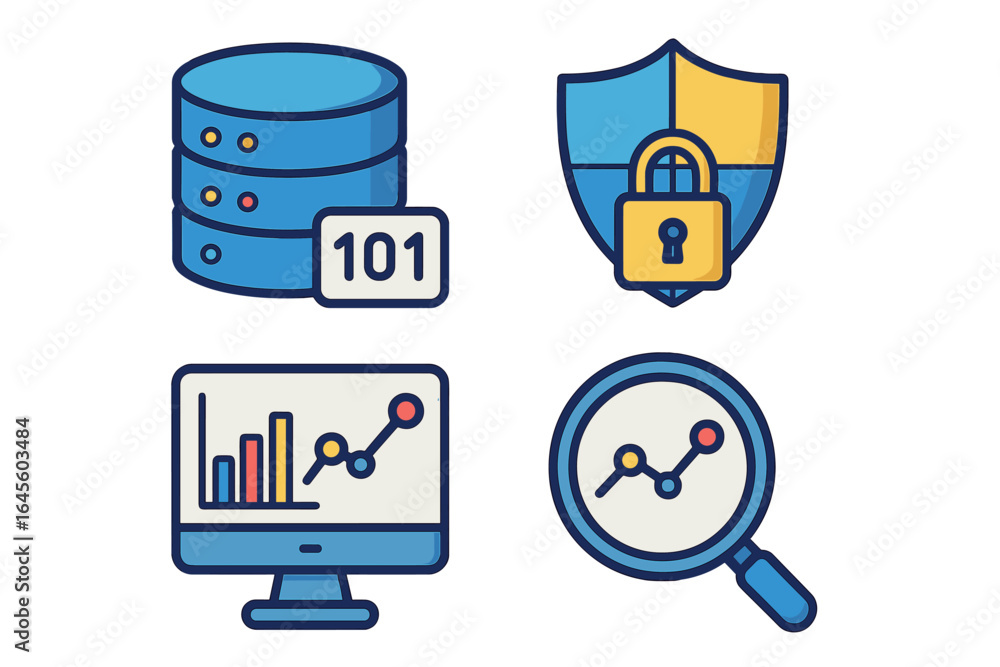 Poster data analysis and cybersecurity vector icon set. flat cartoon symbols for database server, informati