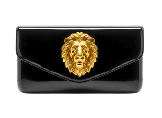 Elegant black clutch purse with golden lion emblem isolated on transparent background