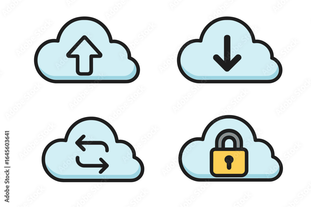 Aufkleber cloud computing icon set. simple cartoon vector icons for upload, download, data transfer, and secur