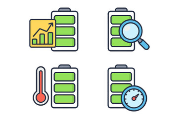 Battery management system icon set. Vector icons for tracking and monitoring performance metrics like temperature, charge level, efficiency, and power output. Flat cartoon style.