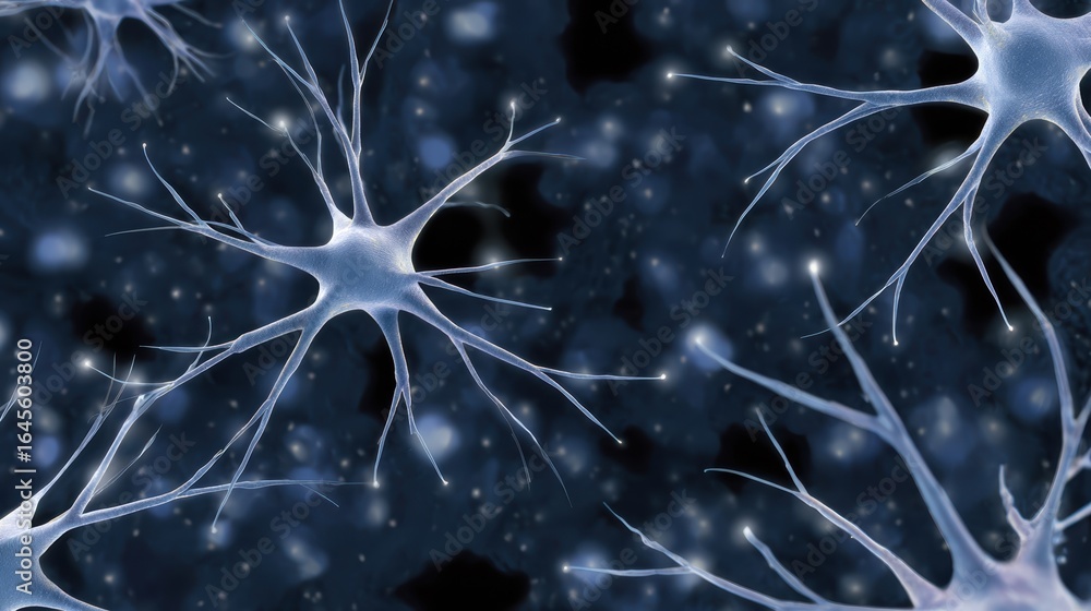 Poster close-up view of neurons showing intricate structures and connections against a dark background, hig