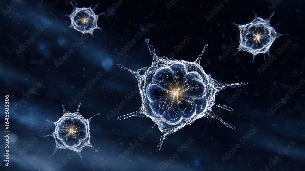 Poster this image depicts microscopic cells or organisms with intricate structures, illuminated against a d
