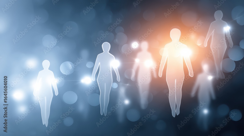 Poster abstract representation of glowing figures walking against a blurred background, suggesting movement