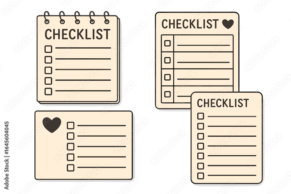 Poster set of vector checklist templates. to do list, planner pages with checkboxes and hearts. minimalist 