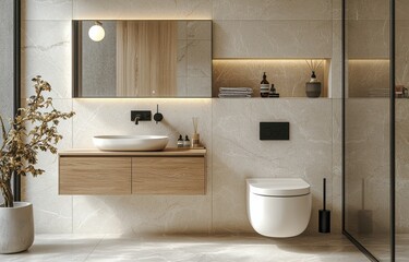 Fototapeta premium Luxurious modern bathroom with wall-mounted toilet, elegant marble tiles, and illuminated mirror for a sophisticated contemporary design