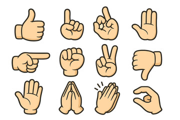 Hand gestures icon set. Cartoon vector collection of hands showing like, dislike, peace, ok, stop, pointing, fist, and praying. Communication and emotion symbols pack.
