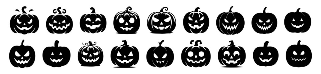 Many jack-o'-lanterns in black and white.