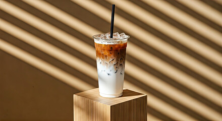 Iced Coffee with Milk in Plastic Cup with Straw on Wood Table in Shadow
