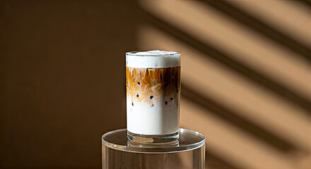 Iced Latte Drink in Glass on Clear Stand with Brown Background