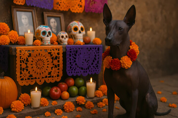 A Xoloitzquintli dog with a floral collar, sitting next to the altar