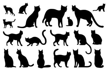 Black silhouettes of various cats in different poses.
