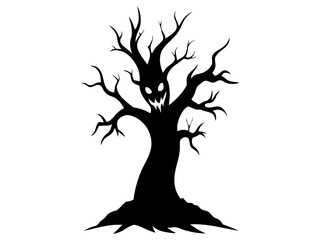 Spooky, gnarled tree with menacing face.

