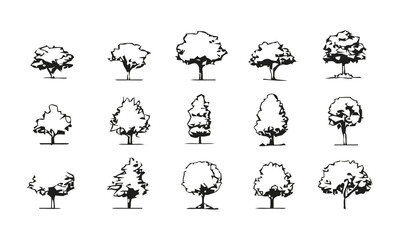 Various tree silhouettes, diverse shapes and sizes.
