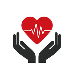 Obraz premium Hands holding a red heart with heartbeat line icon 