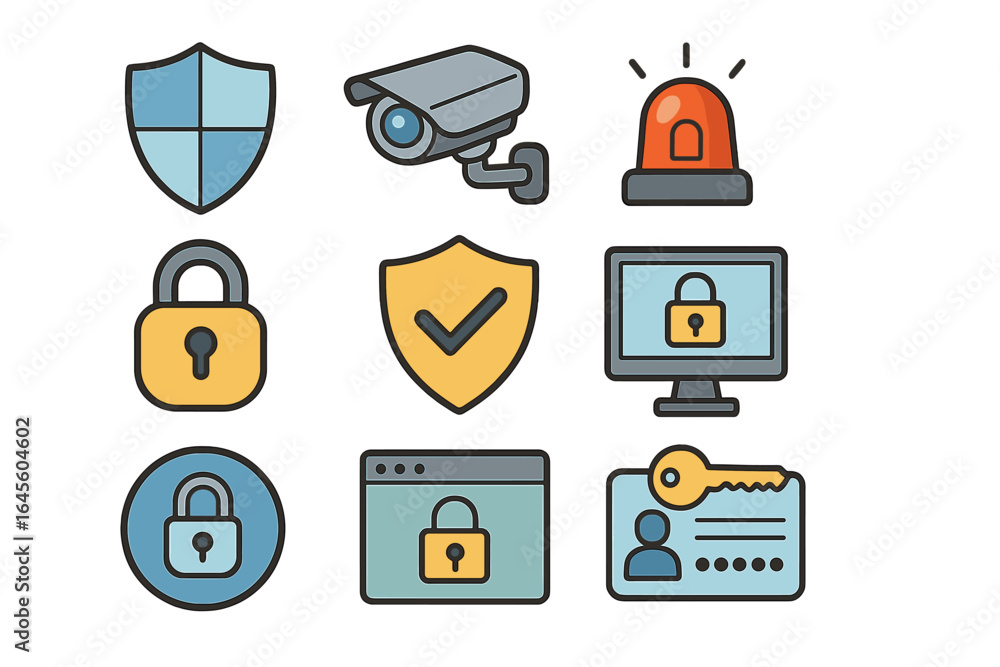 Poster security icon set for cybersecurity and data protection. vector collection with shield, lock, camera