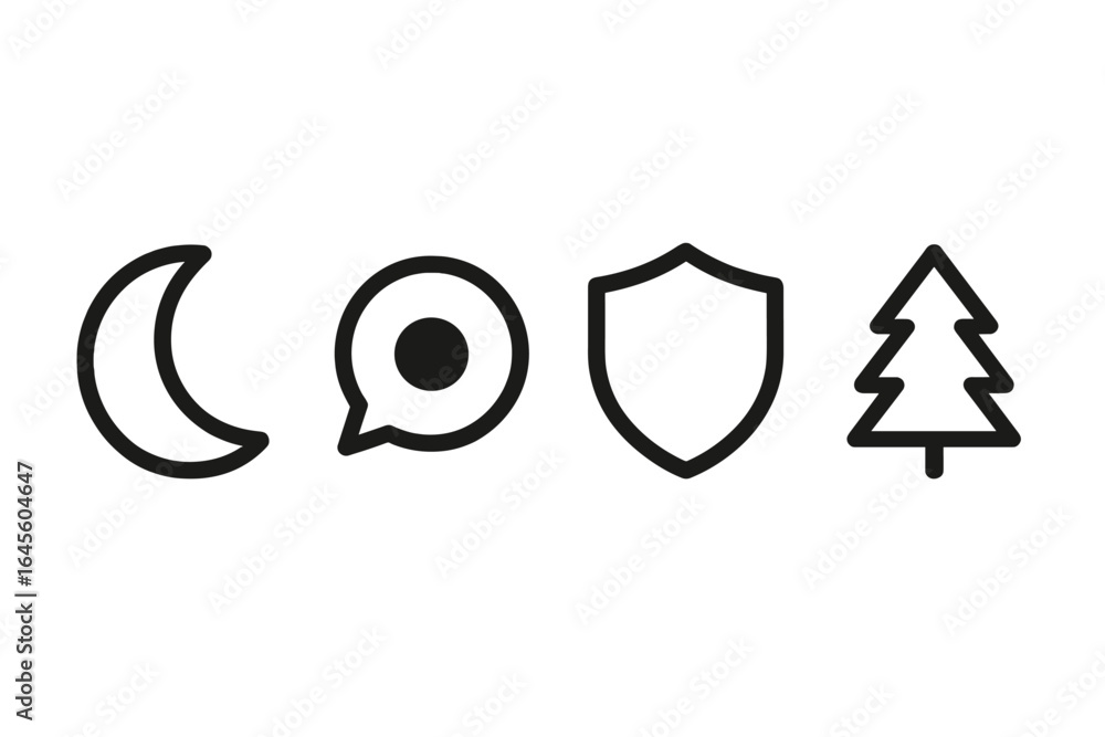 Poster minimal icon set with moon, notification, security shield, and pine tree. simple line art vector sym