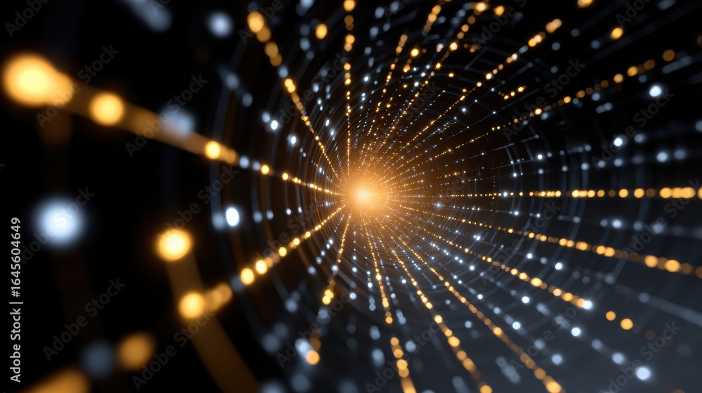 Poster a mesmerizing visual of swirling particles and lights converging towards a central point, evoking a 