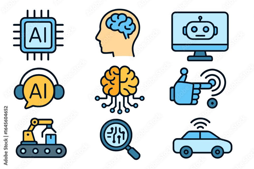 Poster artificial intelligence icon set. ai concepts including machine learning, robotics, automation, neur