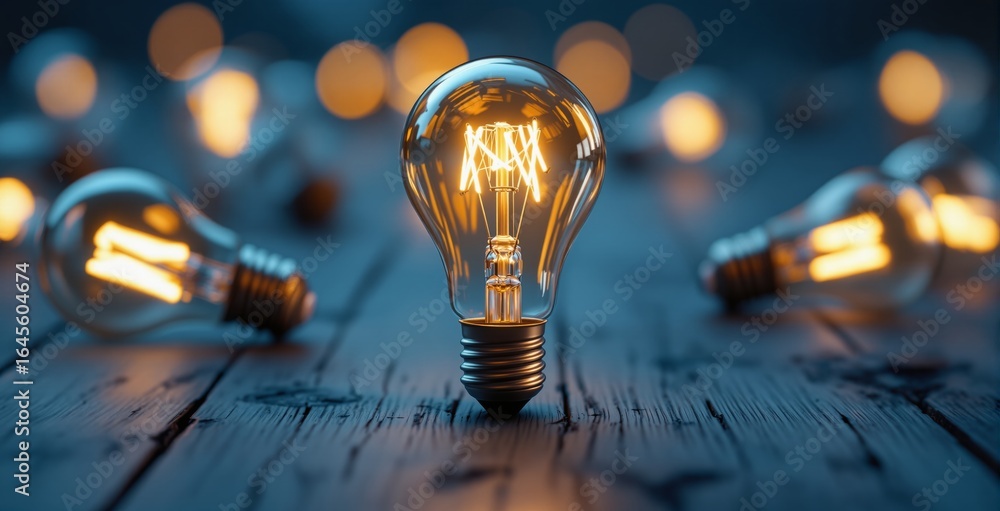 Aufkleber glowing lightbulbs on wooden surface symbolizing creativity and innovation in business concept with 