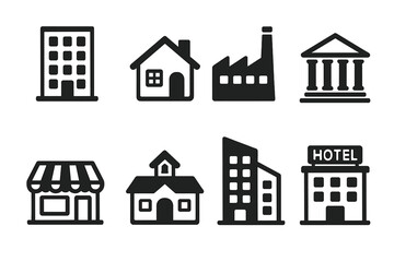 Simple building icon set. Black glyph collection of city architecture. Vector real estate symbols: house, hotel, factory, bank, store, school, office pictogram set.