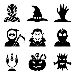 Halloween icons, black silhouettes on white.

