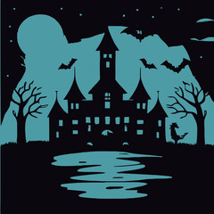 Spooky silhouette castle by a moonlit lake.
