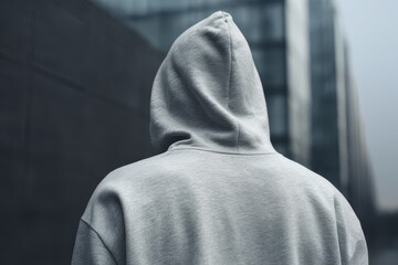Back View of Person in Gray Hoodie Against Urban Building Backdrop
