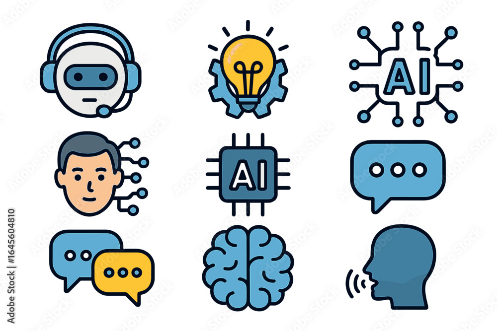 Poster artificial intelligence icon set. ai concept. chatbot, robot head, brain, processor chip. machine le