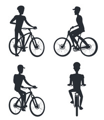 Silhouettes of people riding bicycles in various positions.
