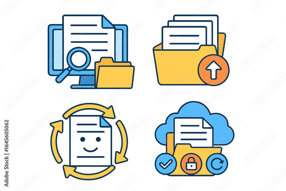 Poster digital document management system icon set. concepts of cloud storage, file search, data organizati