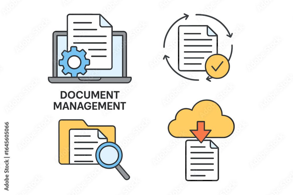 Poster Document management system icon set. Digital file organization, workflow automation, and cloud storage. Electronic data archiving, processing, and search technology icons.