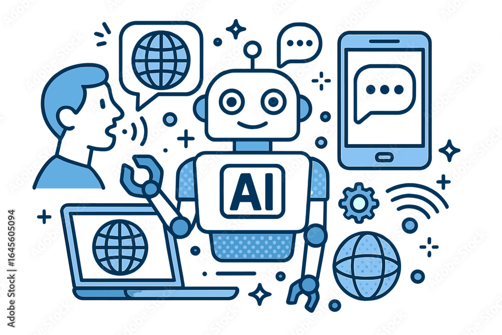 Poster artificial intelligence ai concept. robot chatbot and human communication. future digital technology