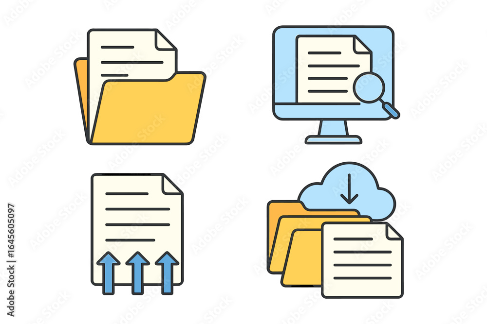 Poster document management system icon set. cloud storage, file upload, download, search data. digital arch