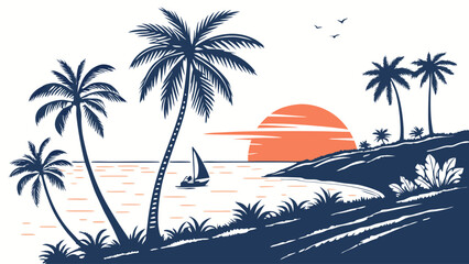 Serene Tropical Beach Paradise at Sunset with Palm Trees and Sailboat