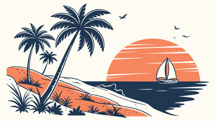 Sunset Sailboat Paradise Tropical Beach Scene Illustration