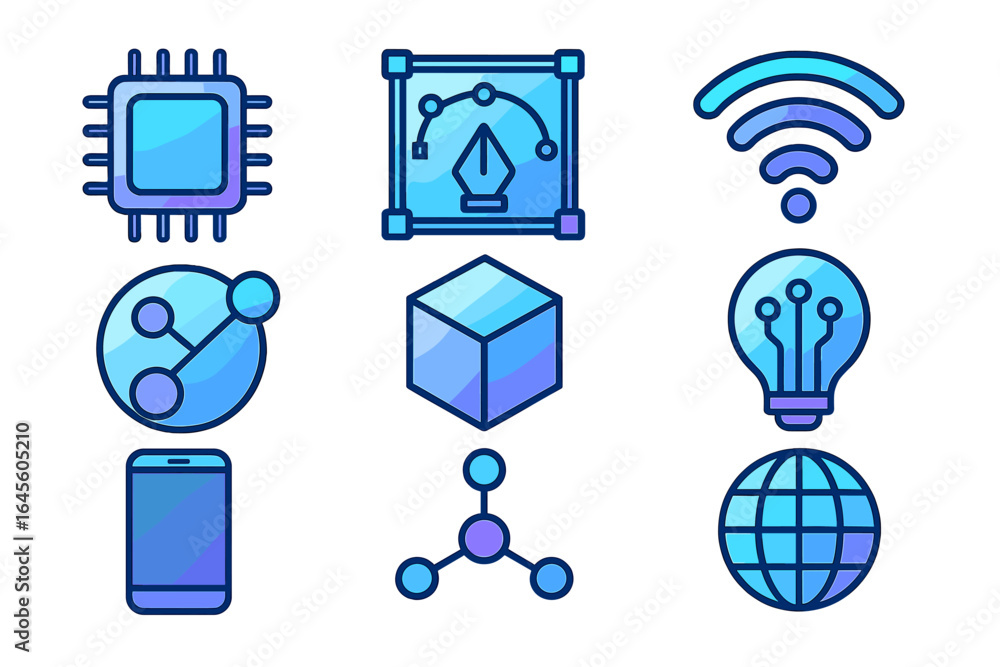 Poster technology icon set with a futuristic gradient design. abstract vector symbols for ai, big data, dig