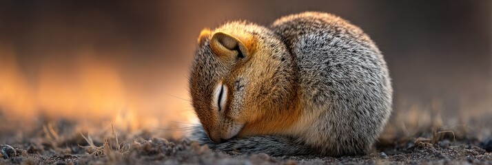 Sleeping squirrel curled up on the ground in warm light, peaceful animal