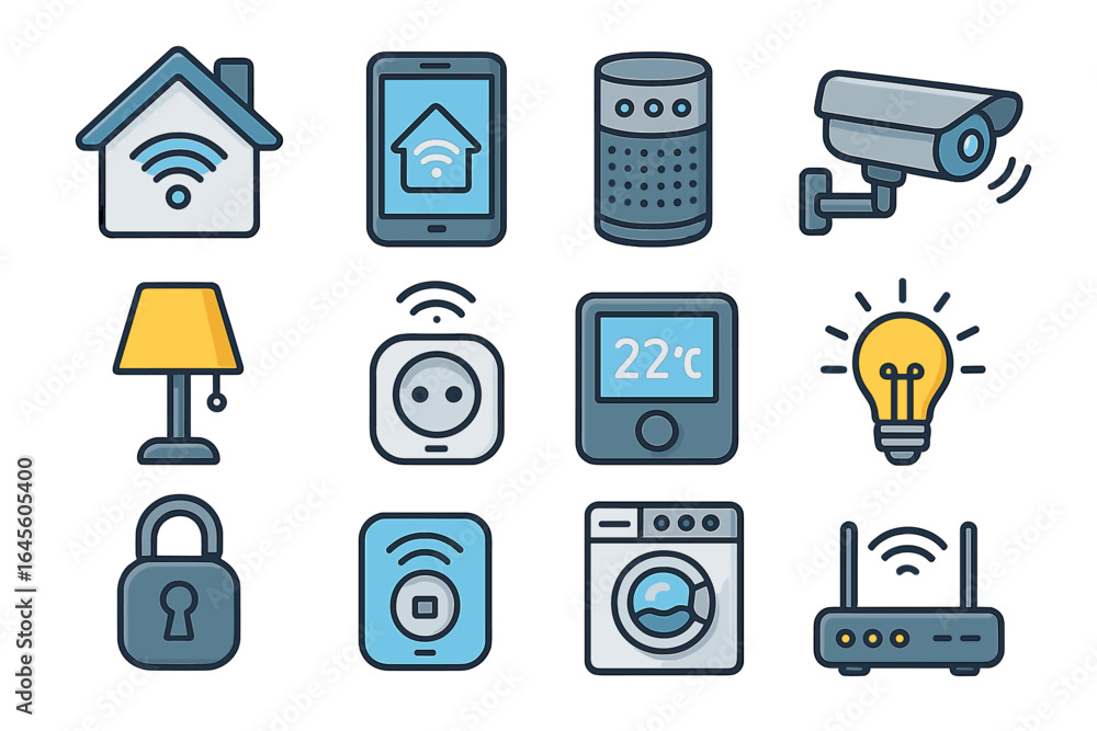 Poster smart home technology vector icon set. home automation concept with connected devices. wireless cont
