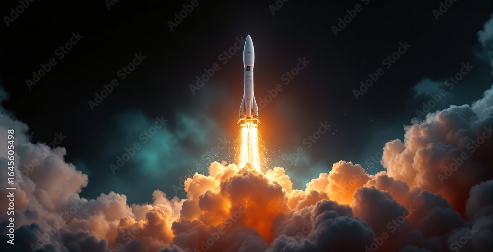 Poster futuristic rocket launch with fiery propulsion lighting clouds during liftoff, symbolizing business 