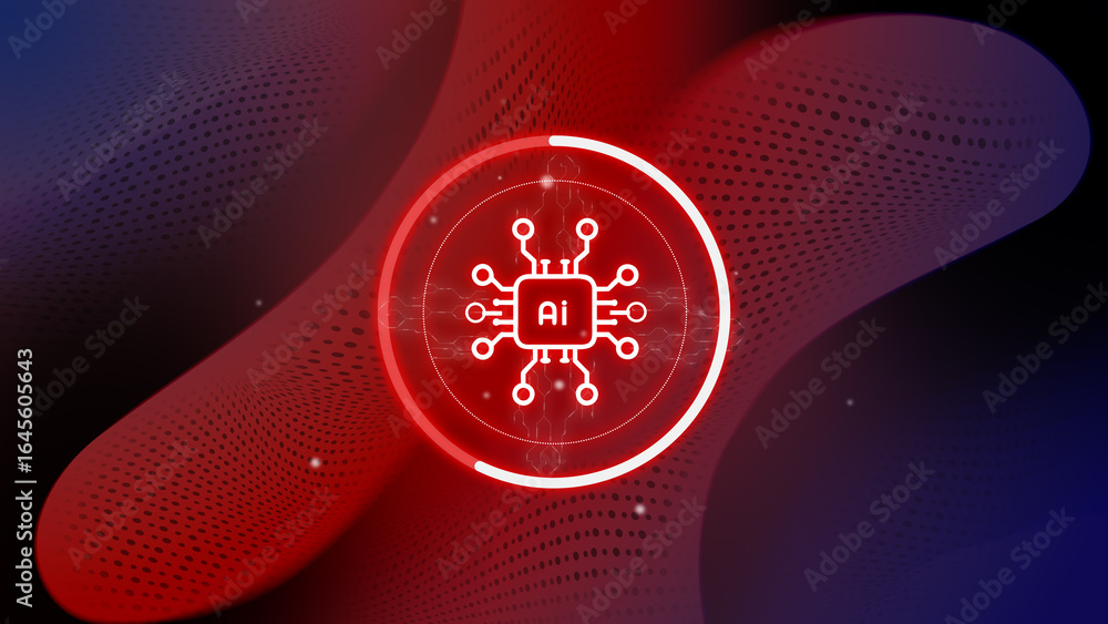 Poster modern digital artwork showcasing artificial intelligence symbol within abstract red and blue backgr