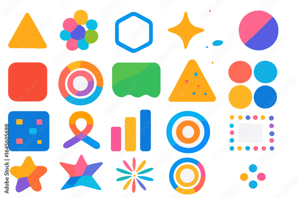 Aufkleber set of colorful 3d icons and abstract geometric shapes for modern design. vector graphic elements fo
