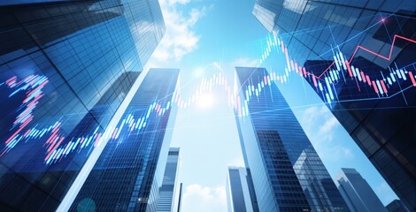 Financial graph overlays on skyscrapers under bright sky, symbolizing corporate market trends and economic growth concept in a modern business cityscape. Ai generative