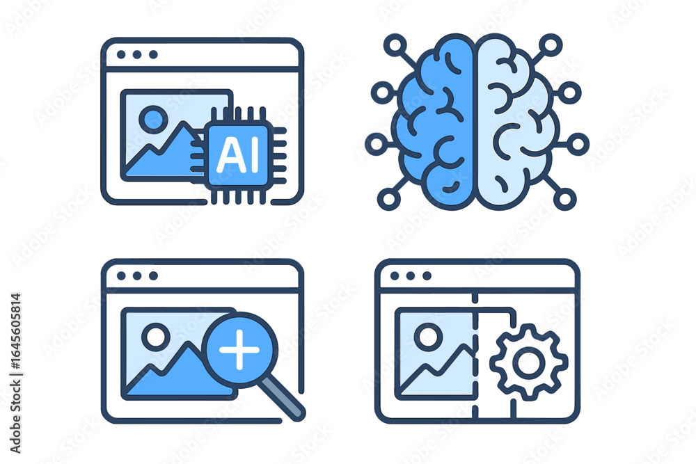 Poster ai image processing icon set. artificial intelligence technology for enhancing, editing, and generat
