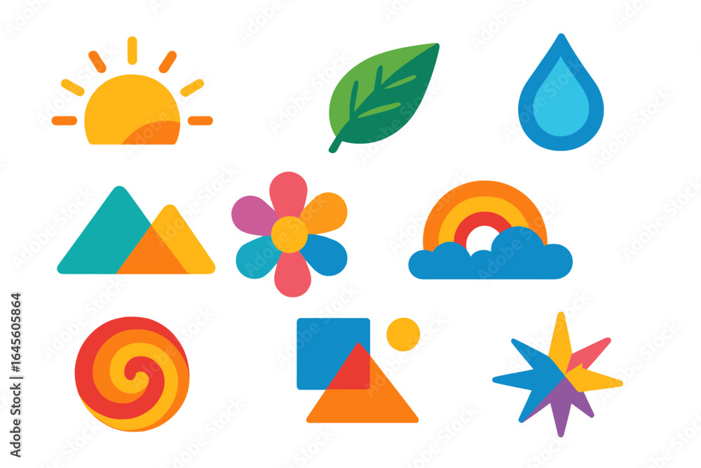 Poster set of colorful abstract icons. nature and geometric shapes collection. modern flat design elements 