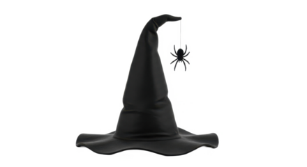 A black witch's hat with a dangling plastic spider, isolated on a white background.